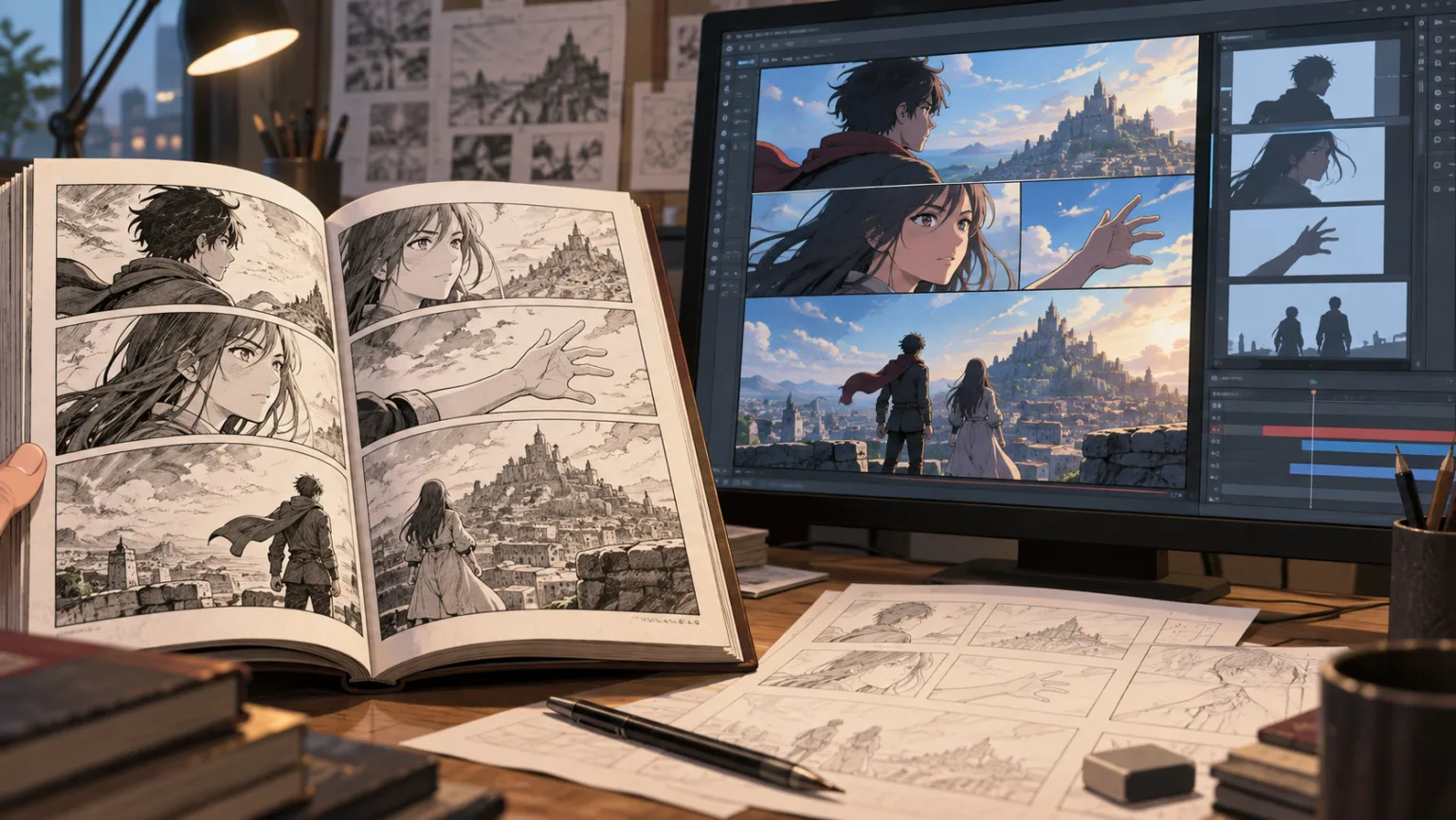 Manga ouvert et écran d’animation montrant les mêmes scènes dans deux traitements visuels