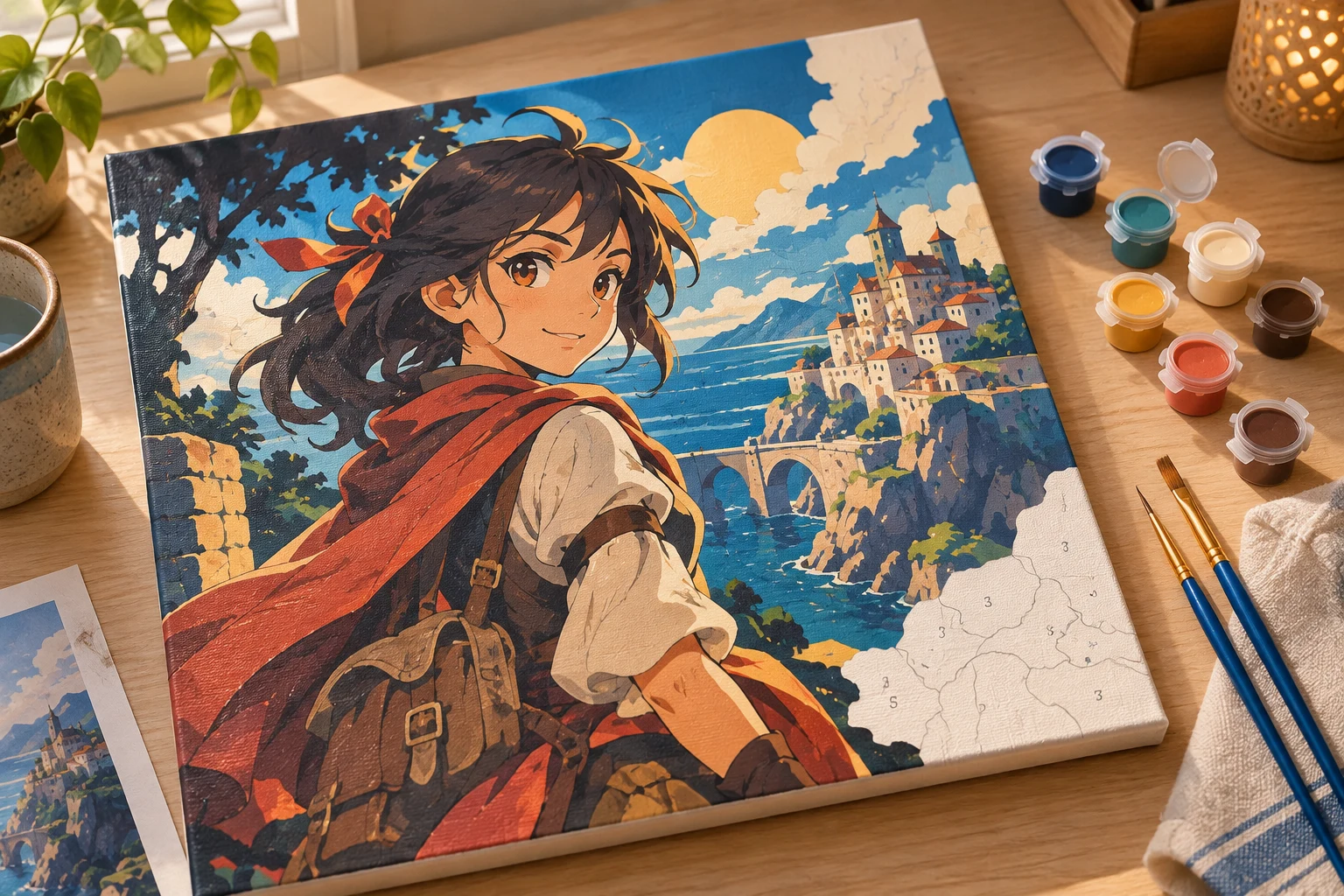 Toile numérotée en cours représentant une aventurière anime originale, avec godets et pinceaux