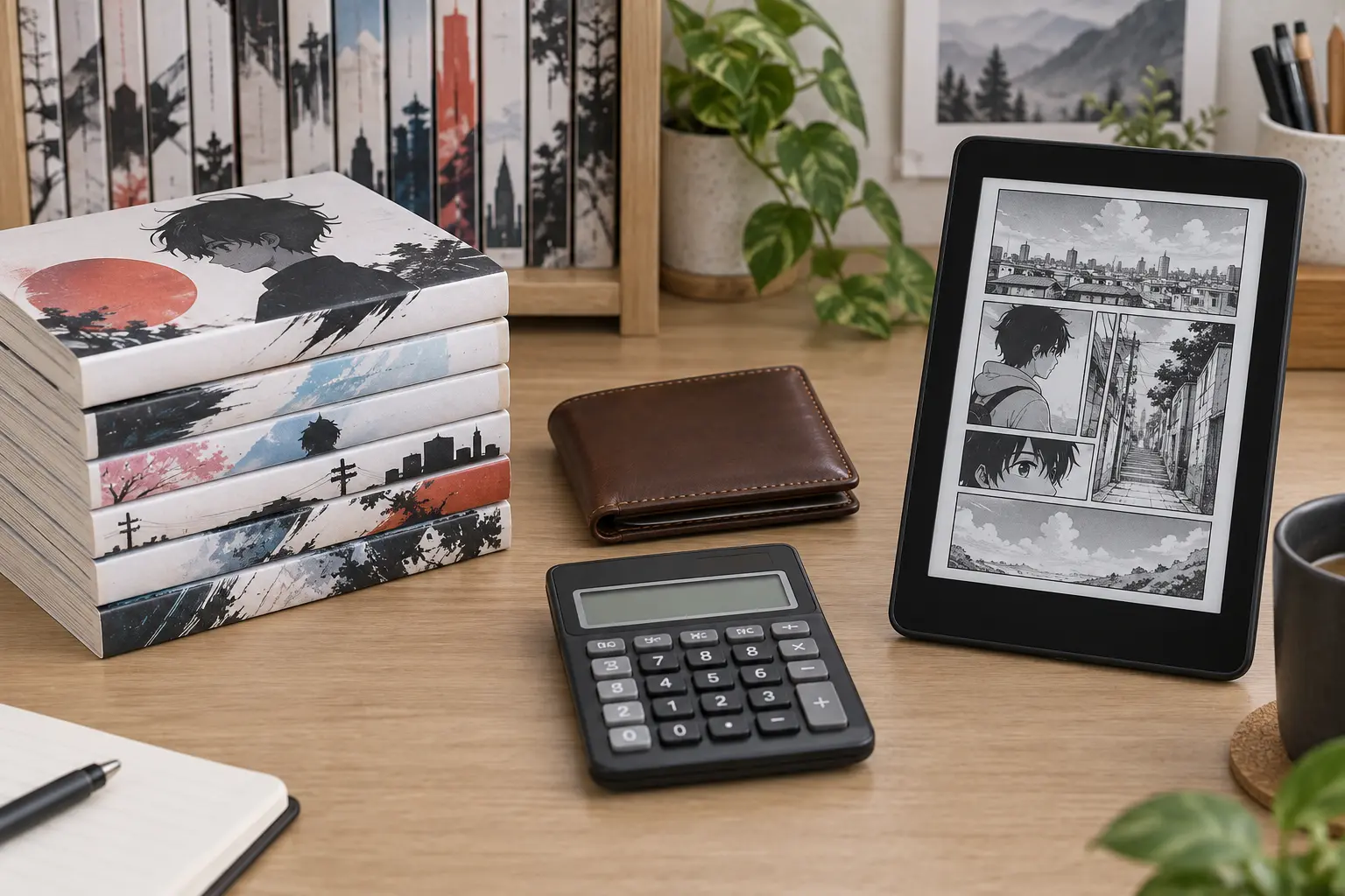 Mangas papier, liseuse, portefeuille et calculatrice sur un bureau